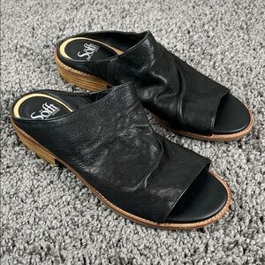 Sofft Netta Ruched Black Pebble Leather Mules with Wooden Heel